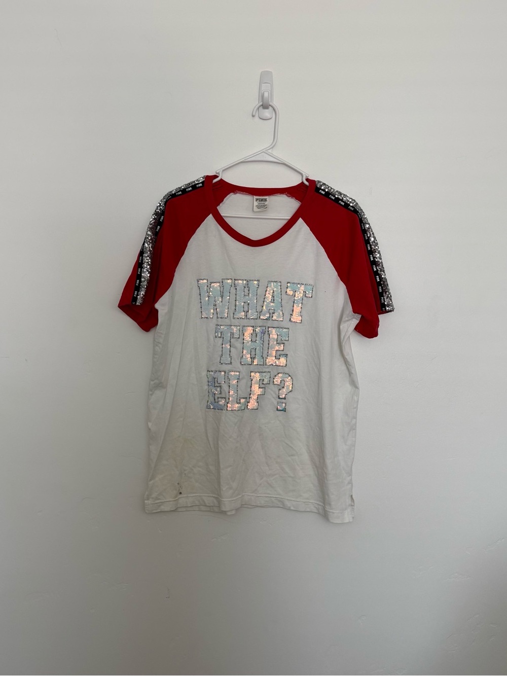 PINK Victoria's Secret White Tee with Red Raglan Sleeves and Sequin Slogan